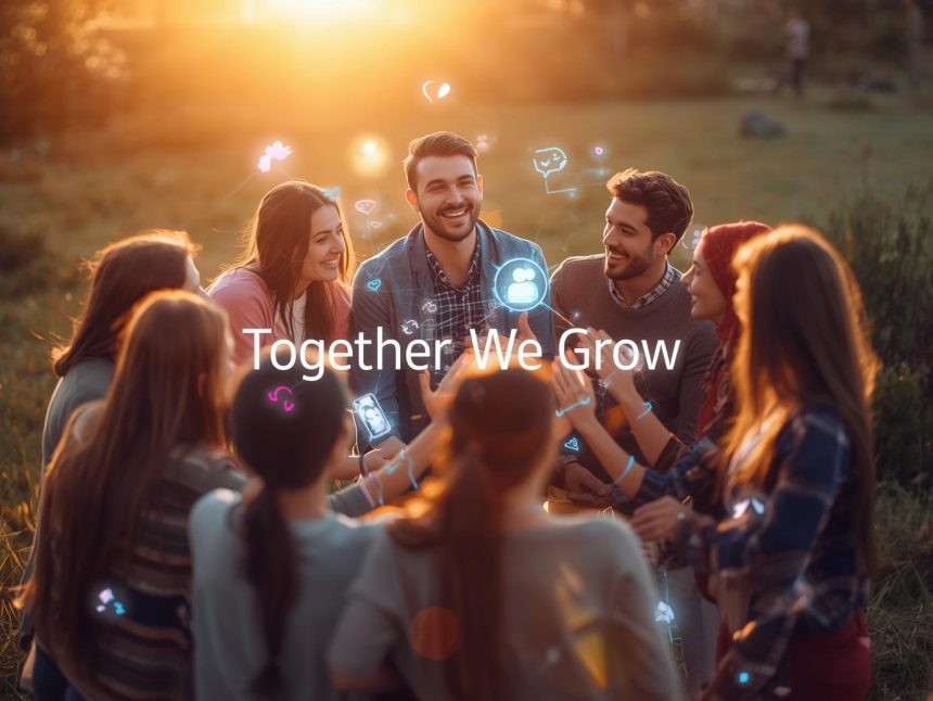 A diverse group of connected people surrounded by glowing digital lines symbolizing thriving online communities and the power of collective marketing in 2025.