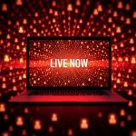 A marketer hosts a live online session surrounded by glowing engagement icons and a red “LIVE” badge, symbolizing the rise of live events and webinars in digital marketing.