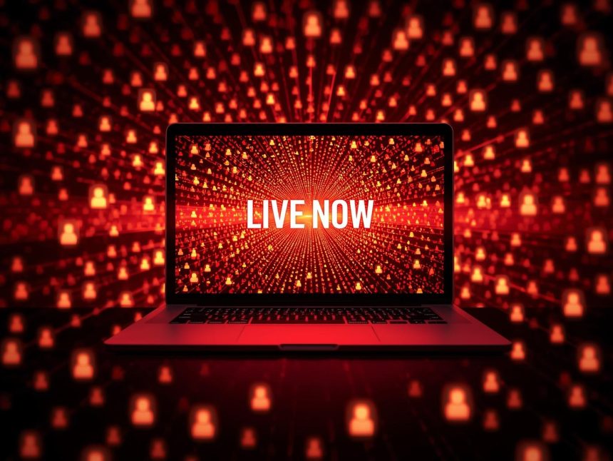 A marketer hosts a live online session surrounded by glowing engagement icons and a red “LIVE” badge, symbolizing the rise of live events and webinars in digital marketing.