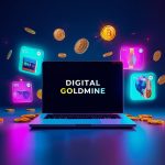 A marketer clicking a glowing “Buy Now” button as coins and shopping icons burst from the laptop, symbolizing online growth and e-commerce success.