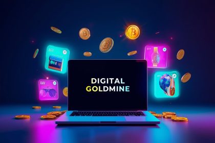 A marketer clicking a glowing “Buy Now” button as coins and shopping icons burst from the laptop, symbolizing online growth and e-commerce success.