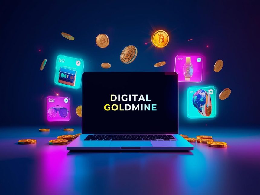 A marketer clicking a glowing “Buy Now” button as coins and shopping icons burst from the laptop, symbolizing online growth and e-commerce success.