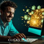 A marketer clicking a glowing digital button as coins and Shopify logos burst from the screen, symbolizing eCommerce growth through smart marketing strategies in 2025.