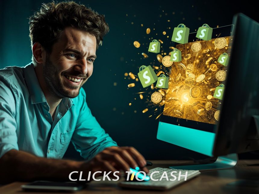 A marketer clicking a glowing digital button as coins and Shopify logos burst from the screen, symbolizing eCommerce growth through smart marketing strategies in 2025.