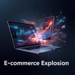 A marketer clicking a glowing digital button as coins and order notifications burst from the screen, symbolizing rapid e-commerce growth and sales success.