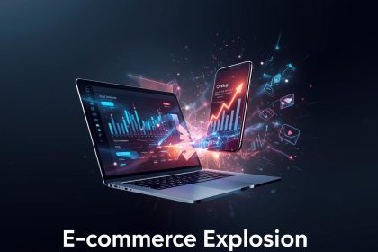 A marketer clicking a glowing digital button as coins and order notifications burst from the screen, symbolizing rapid e-commerce growth and sales success.