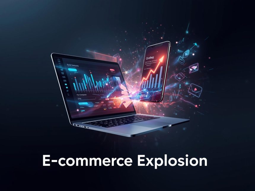 A marketer clicking a glowing digital button as coins and order notifications burst from the screen, symbolizing rapid e-commerce growth and sales success.