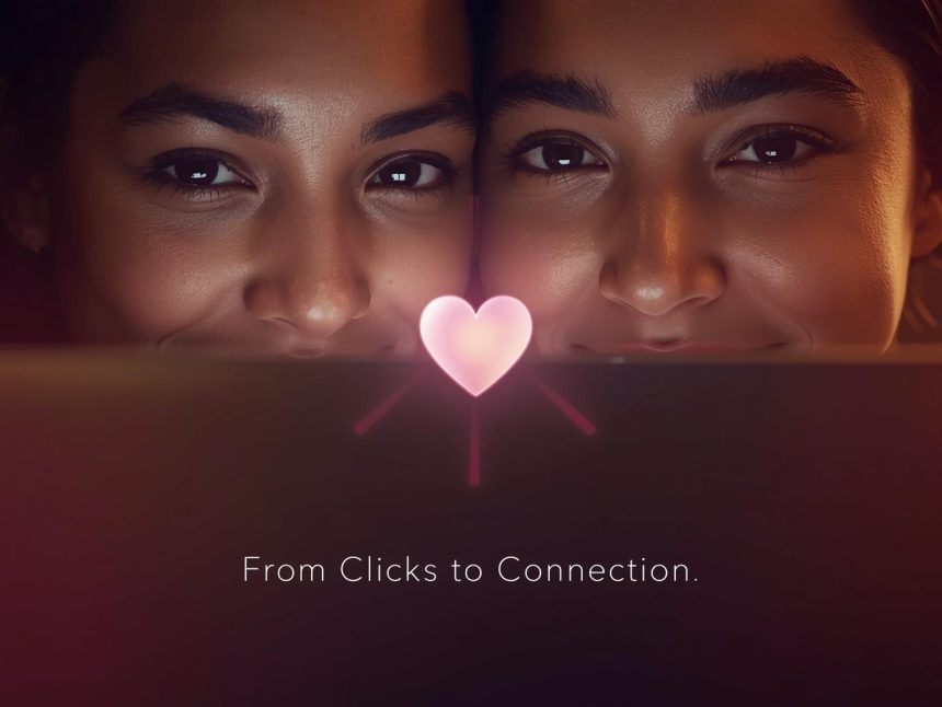A marketer smiling at a glowing laptop screen showing a digital heart icon, symbolizing how small customer interactions can build lasting loyalty and brand love.