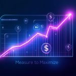 A marketer holding a glowing tablet as digital analytics transform into golden coins, symbolizing turning marketing data into measurable ROI.