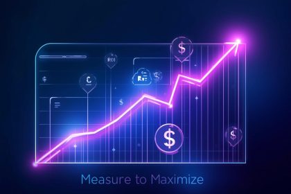 A marketer holding a glowing tablet as digital analytics transform into golden coins, symbolizing turning marketing data into measurable ROI.