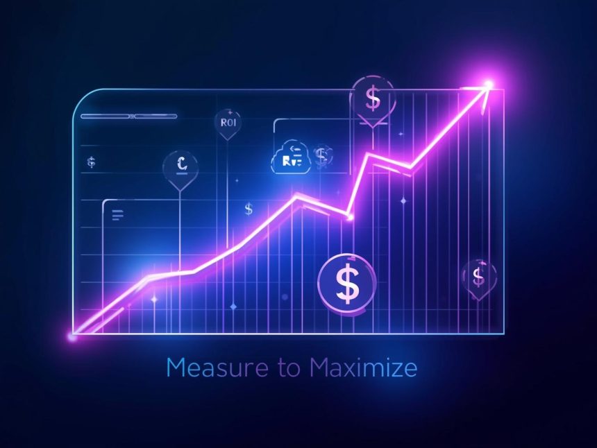 A marketer holding a glowing tablet as digital analytics transform into golden coins, symbolizing turning marketing data into measurable ROI.