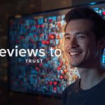 Hands holding a glowing digital heart made of five-star icons and positive customer comments, symbolizing how online reviews build brand trust and loyalty.