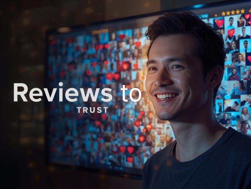 Hands holding a glowing digital heart made of five-star icons and positive customer comments, symbolizing how online reviews build brand trust and loyalty.
