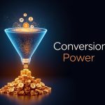 A glowing digital funnel transforming website visitors into coins, symbolizing the power of conversion rate optimization to drive profits.