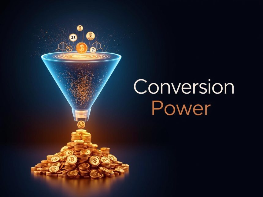 A glowing digital funnel transforming website visitors into coins, symbolizing the power of conversion rate optimization to drive profits.