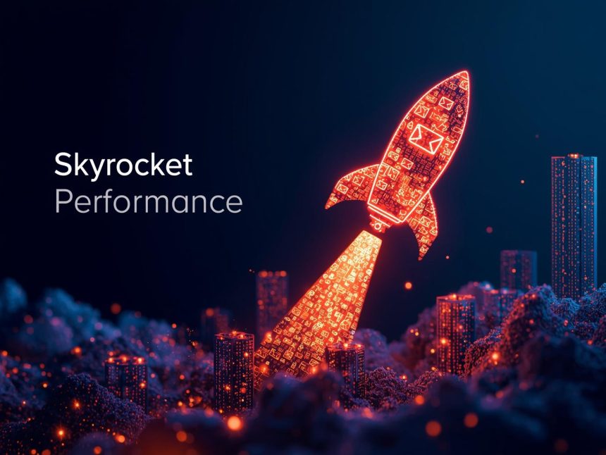 A marketer unlocking a glowing digital email envelope bursting with engagement icons and rising metrics, symbolizing higher opens, clicks, and sales through testing and personalization.