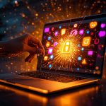 A marketer stands before a glowing laptop displaying a live webinar surrounded by analytics icons, symbolizing how webinars drive explosive growth in digital marketing.