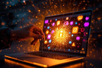 A marketer stands before a glowing laptop displaying a live webinar surrounded by analytics icons, symbolizing how webinars drive explosive growth in digital marketing.