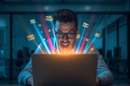 A marketer amazed by glowing golden envelopes emerging from a laptop, symbolizing successful email marketing campaigns that drive engagement and sales.
