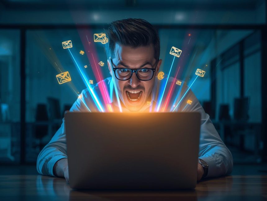 A marketer amazed by glowing golden envelopes emerging from a laptop, symbolizing successful email marketing campaigns that drive engagement and sales.