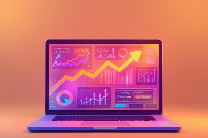 A marketer unlocking a glowing Google Analytics dashboard filled with charts and rising metrics, symbolizing data-driven discovery and website growth insights.