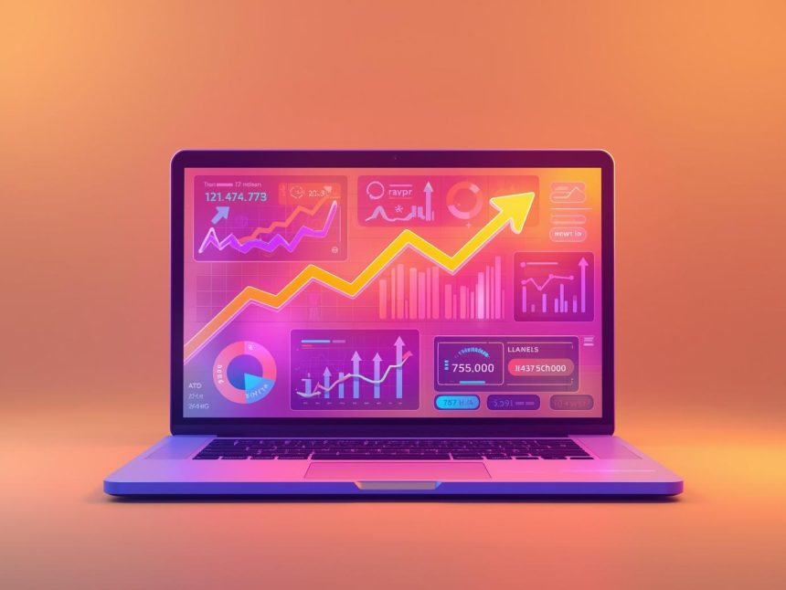 A marketer unlocking a glowing Google Analytics dashboard filled with charts and rising metrics, symbolizing data-driven discovery and website growth insights.