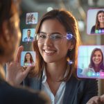 A marketer hosts a virtual event on a glowing laptop surrounded by holographic audience screens, symbolizing how digital events drive engagement and marketing success.