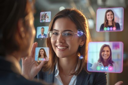 A marketer hosts a virtual event on a glowing laptop surrounded by holographic audience screens, symbolizing how digital events drive engagement and marketing success.