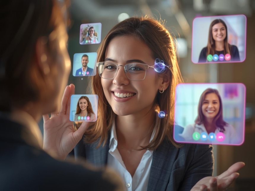 A marketer hosts a virtual event on a glowing laptop surrounded by holographic audience screens, symbolizing how digital events drive engagement and marketing success.