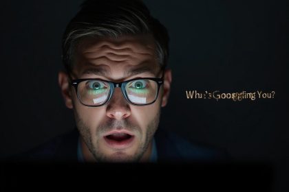 A professional staring at a glowing search bar displaying their name, symbolizing awareness and control over online reputation and digital identity.