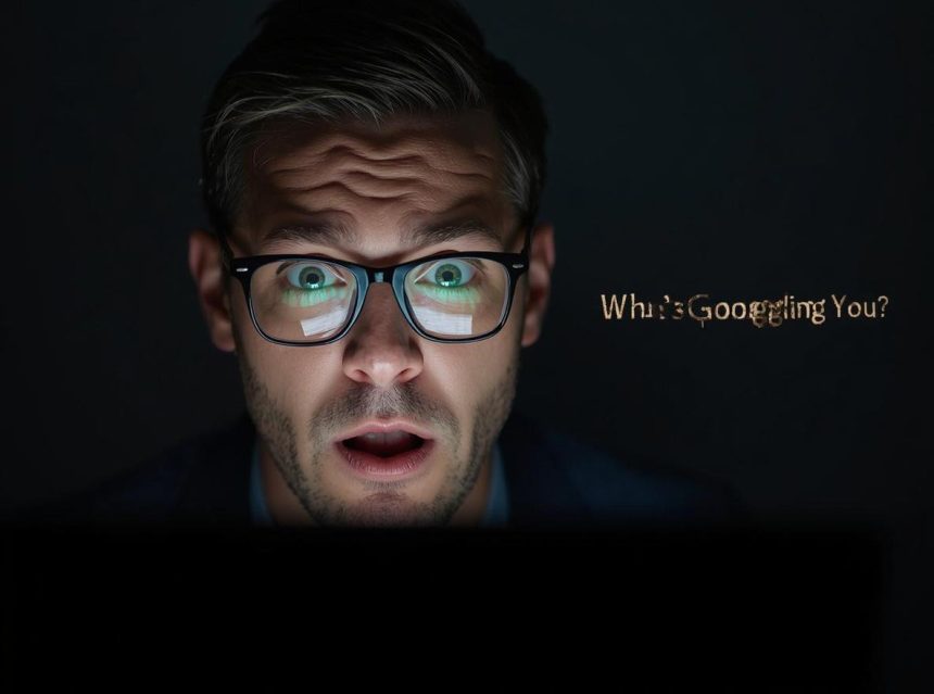 A professional staring at a glowing search bar displaying their name, symbolizing awareness and control over online reputation and digital identity.