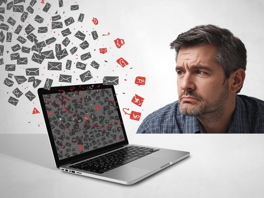 A marketer smiling as glowing personalized emails fly from a laptop and turn into coins and hearts, symbolizing the power of email personalization to increase sales.