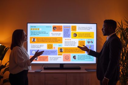 A smiling customer surrounded by glowing five-star reviews and testimonial quotes, symbolizing how authentic feedback builds trust and drives marketing success.