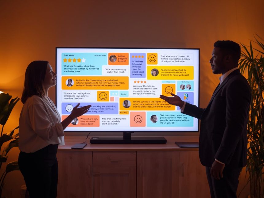 A smiling customer surrounded by glowing five-star reviews and testimonial quotes, symbolizing how authentic feedback builds trust and drives marketing success.