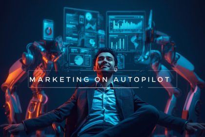 A relaxed marketer activating a glowing automation system that runs multiple marketing dashboards, symbolizing effortless productivity and marketing success through AI.