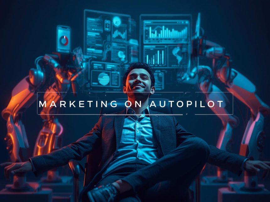A relaxed marketer activating a glowing automation system that runs multiple marketing dashboards, symbolizing effortless productivity and marketing success through AI.