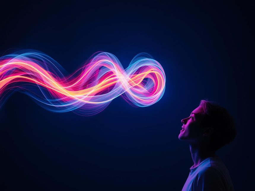 A glowing motion trail forming a brand visual as a marketer watches, symbolizing how animation captures attention and drives digital marketing success.