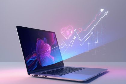 A marketer clicks a glowing heart-shaped button on a laptop screen, symbolizing how purpose-driven campaigns create engagement and success in digital marketing.