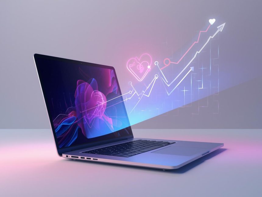 A marketer clicks a glowing heart-shaped button on a laptop screen, symbolizing how purpose-driven campaigns create engagement and success in digital marketing.