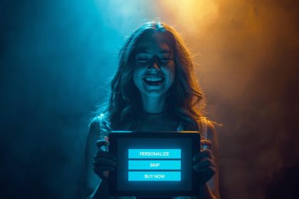 A customer interacting with a glowing digital control panel symbolizing empowerment and personalized marketing choices that drive business growth.
