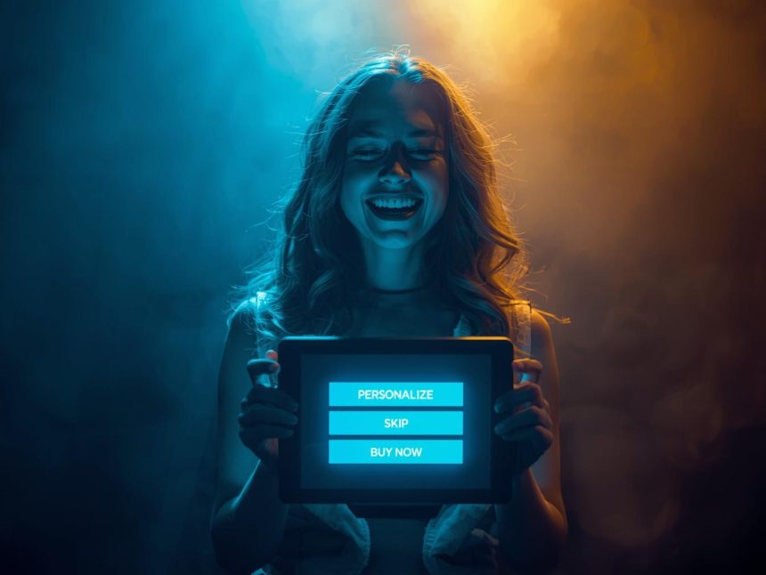 A customer interacting with a glowing digital control panel symbolizing empowerment and personalized marketing choices that drive business growth.