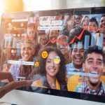 A marketer surrounded by glowing digital widgets — polls, chats, and pop-ups — symbolizing how interactive tools boost clicks, retention, and conversions.