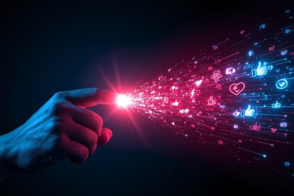 A person clicking a glowing button as waves of engagement icons explode outward, symbolizing how interactive effects drive audience action in digital marketing.