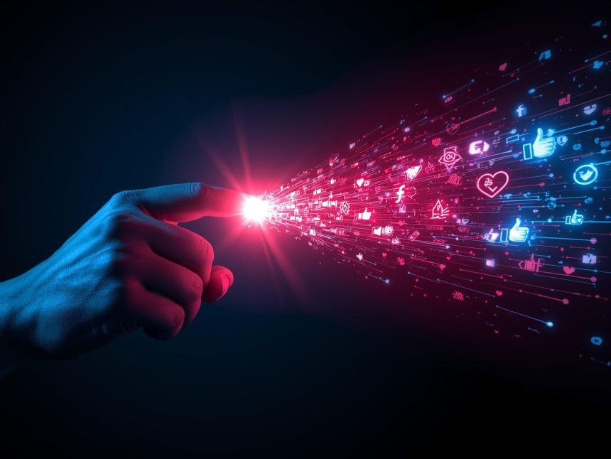 A person clicking a glowing button as waves of engagement icons explode outward, symbolizing how interactive effects drive audience action in digital marketing.