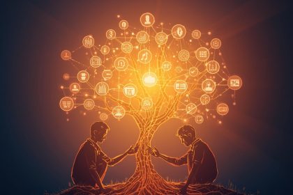 Two marketers shake hands surrounded by glowing marketing icons, symbolizing how collaboration drives engagement and business success in digital marketing.