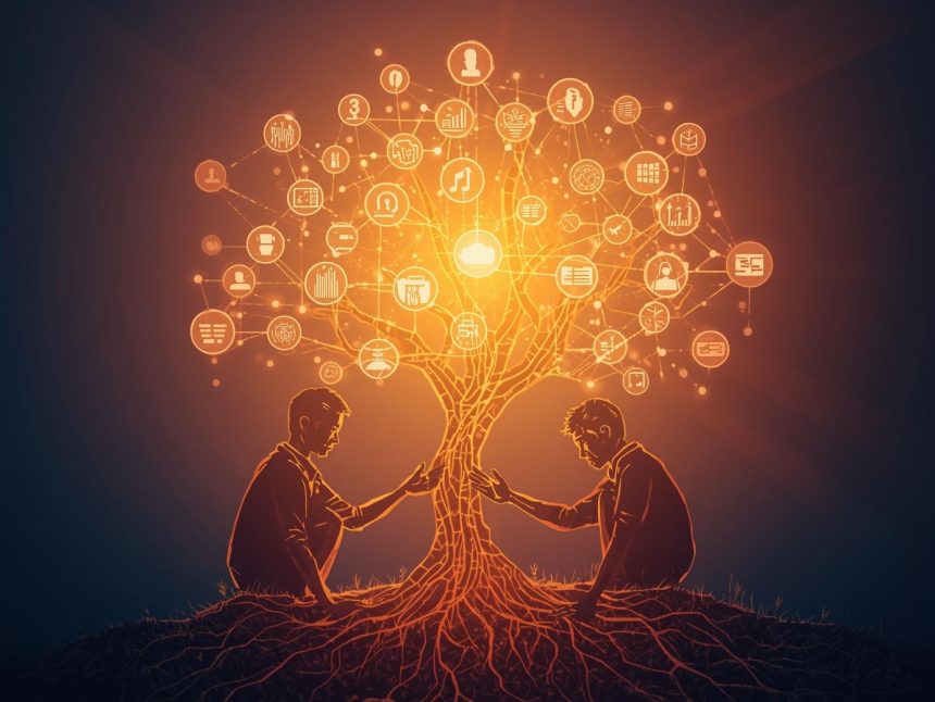 Two marketers shake hands surrounded by glowing marketing icons, symbolizing how collaboration drives engagement and business success in digital marketing.