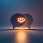 Two glowing chat bubbles — one human, one AI — overlapping with a handshake icon inside, symbolizing conversational marketing that builds trust and conversions.