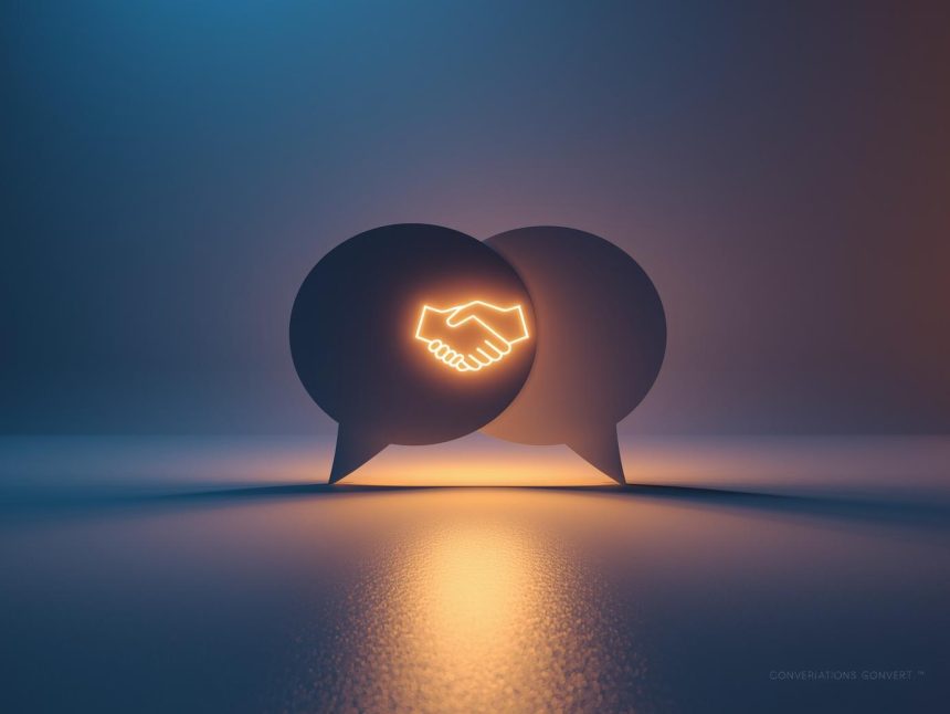 Two glowing chat bubbles — one human, one AI — overlapping with a handshake icon inside, symbolizing conversational marketing that builds trust and conversions.