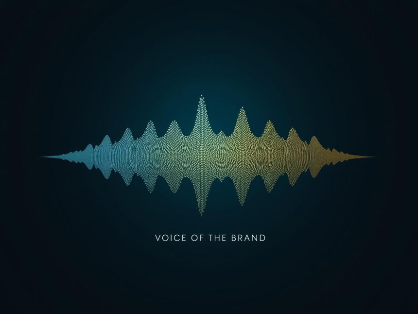A marketer speaking clearly as chaotic soundwaves fade into silence, symbolizing strong voice branding in a noisy digital market.