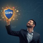 A marketer holding a glowing GDPR shield protecting user data icons, symbolizing ethical and compliant marketing practices.